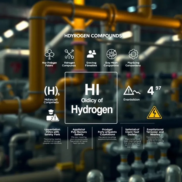 Applications and Safety of Binary Hydrogen Compounds Illustration depicting key industrial and daily life applications of hydrogen binary compounds with safety symbols