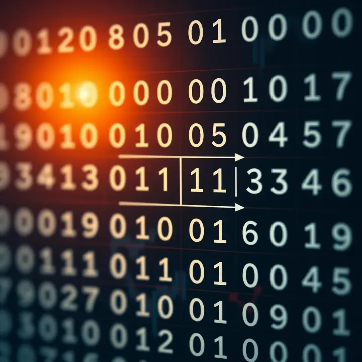 Illustration showing the division of two binary numbers with labeled bits and arrows indicating the division flow