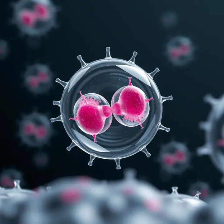 Illustration of a single-celled organism splitting into two identical cells