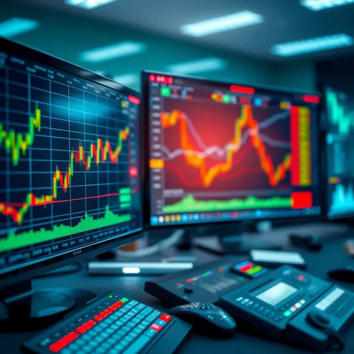 Illustration of automated trading system analyzing market data with digital charts