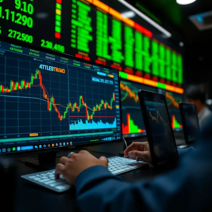 Conceptual illustration of software executing trades on cryptocurrency exchanges with digital interface elements