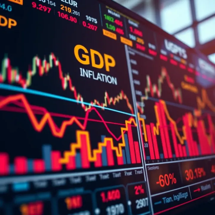 Illustration of various economic indicators like GDP, inflation, and employment data represented by dynamic charts and graphs