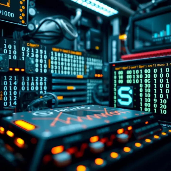 Illustration showcasing computing hardware and data storage systems using binary codes